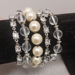 Silver Toned Simulated Pearl Clear Bead And Rhinestone 5 Strand Bracelet -Read
